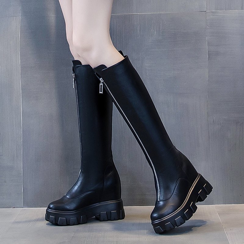 

Rimocy 2020 Winter Women Chunky Platform Long Boots Front Zipper PU Leather Knee High Boots Woman Height Increasing Black Botas