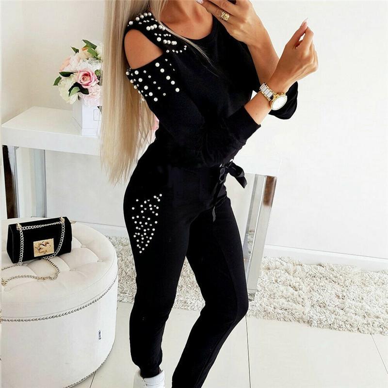 

2 Piece Outfits for Women Bead Cold Shoulder Sweatshirt Tracksuit Pant Suit Gym Lounge Wear Jogger Casual Jumpsuit Clothing Set1, As photo shows