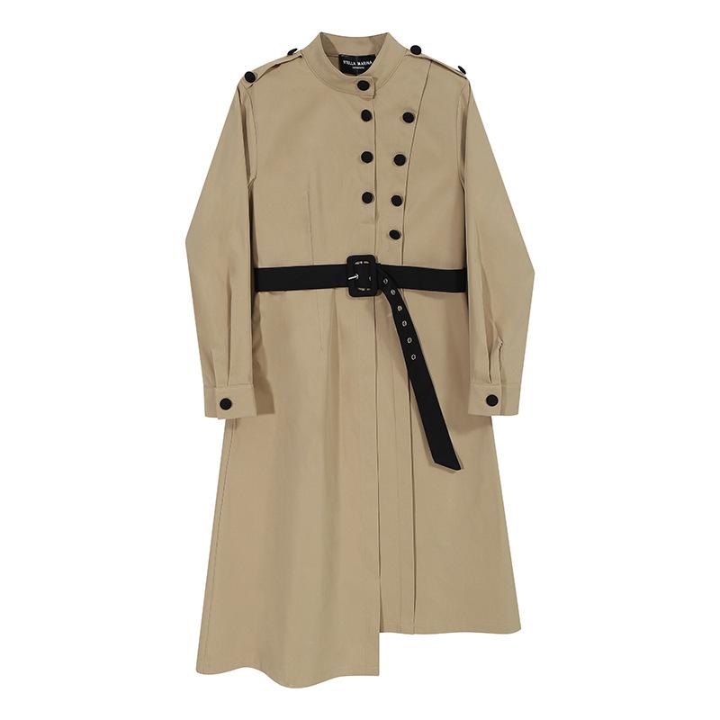 

SuperAen Autumn New Japanese Gentle Full Stand Tie Belt Slim Solid Mid Calf Dress for Women, Black;gray