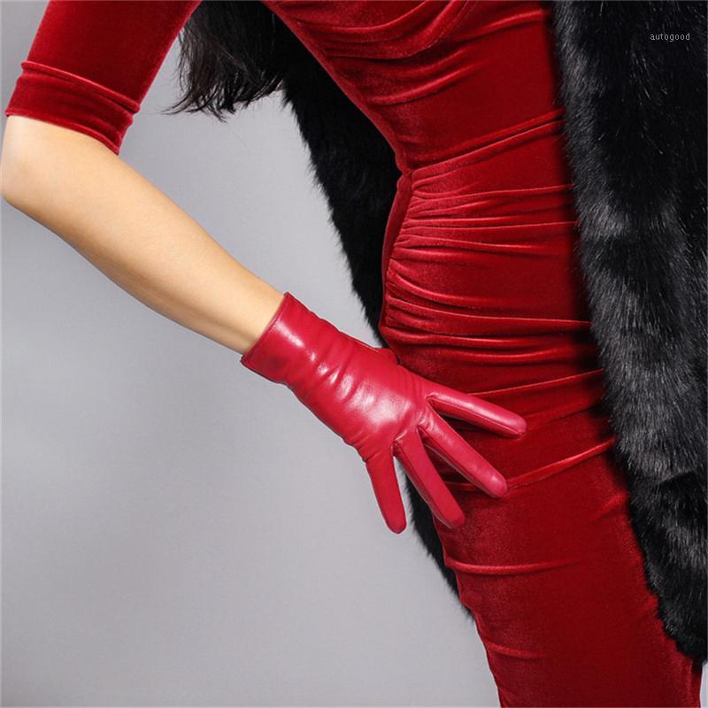 

Five Fingers Gloves 25cmGenuine Leather Short Paragraph Pure Imported Goatskin Red Female Models Thin Velvet Lined S00193-H1