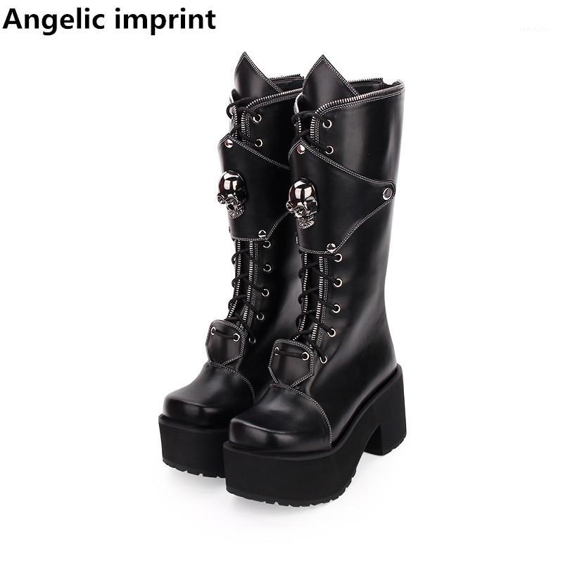 

Angelic imprint mori girl Women motorcycle punk boots lady lolita Boots woman high heels pumps platform shoes skull rivets 8cm1, Pu inside wine red