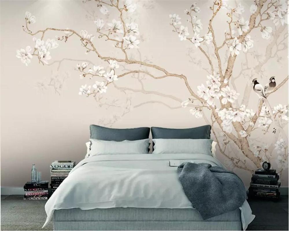 

Custom Wallpaper 3d Large Photo mural Plain Magnolia Chinese Hand painted bird TV background wall painting restaurant wallpaper1, As pic