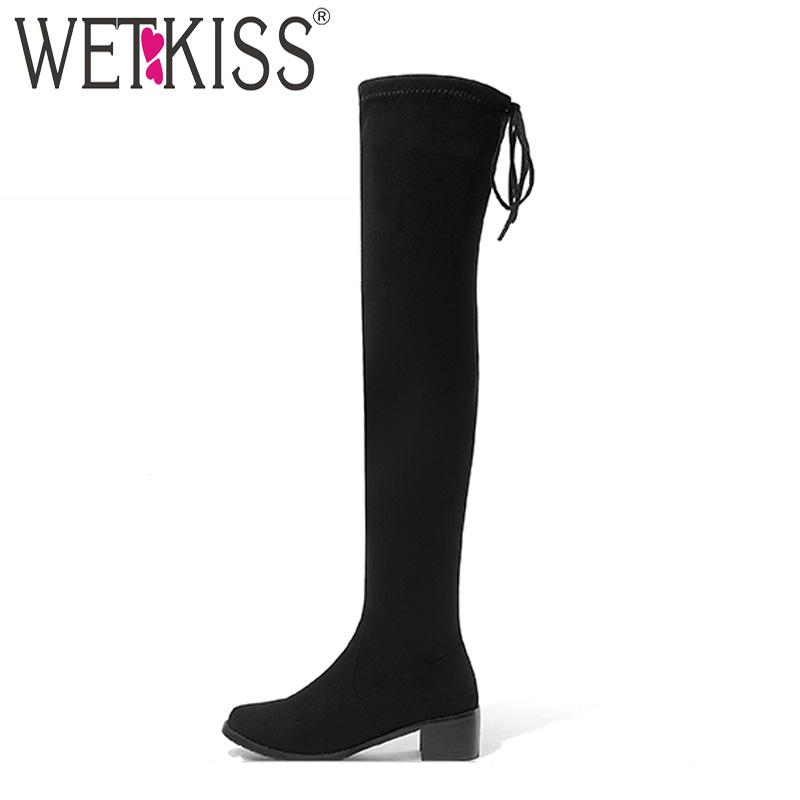 

WETKISS Big Size 34-43 Female Sexy Stretch Over Knee Boot Faux Suede Square Heel Thigh High Boot Lady Winter Shoe Woman Footwear, Red