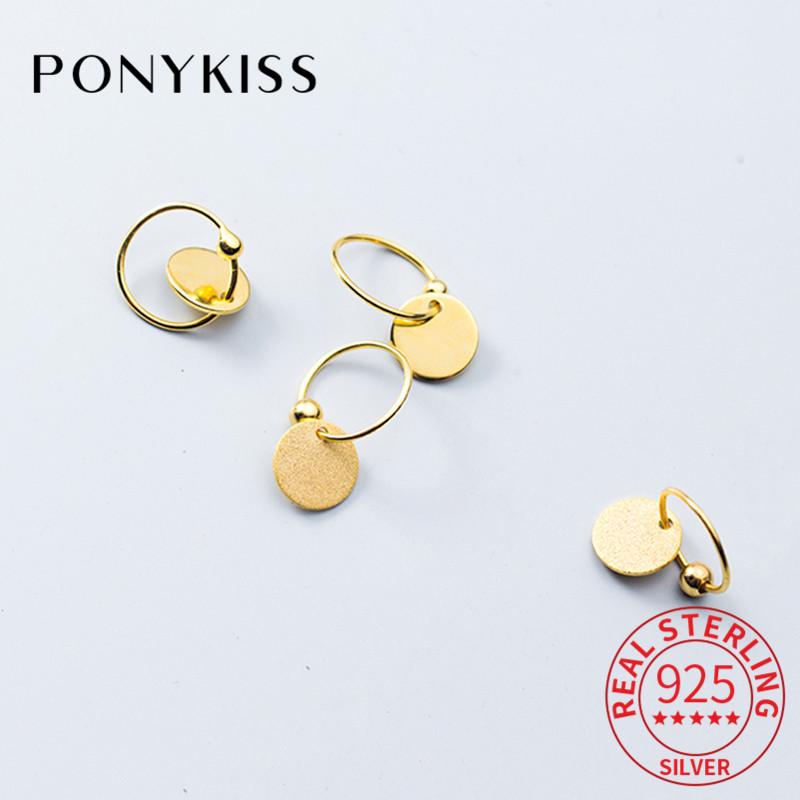 

PONYKISS Classic S925 Sterling Silver Chic Gold Round Pendant Hoop Earrings Women Prevent Allergy Fine Accessory Fashion Gift
