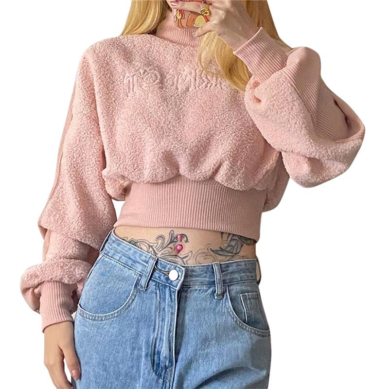 

Women Slim Short Sweatshirt Adults Letter Pattern Long Sleeve High Collar Pullover, Pink