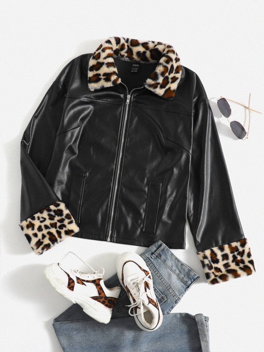 

Contrast Leopard Panel Zip Up PU Leather Jacket i8mY#, Black;brown