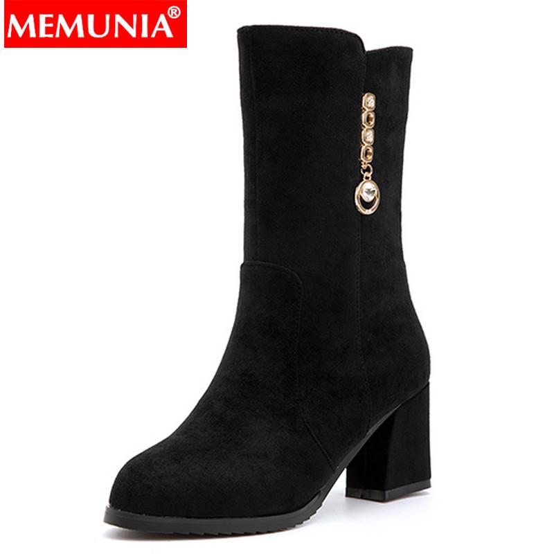 

MEMUNIA Plus size 34-43 New women boots squre high heels bear high heels autumn winter boots fashion mid calf, Black thick hair