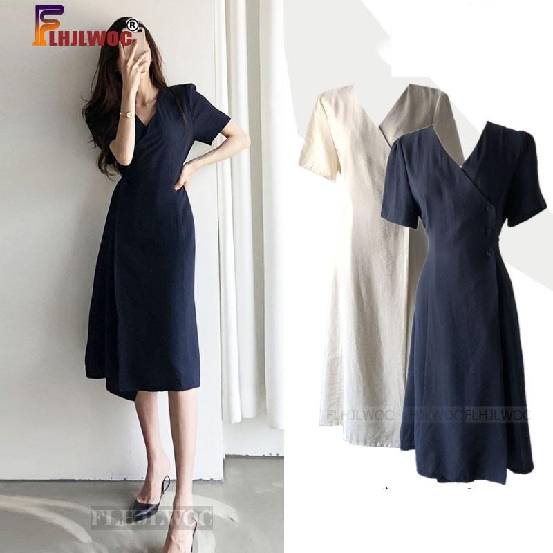 

South Korea chic Midi Dress Women Summer Japan Style Retro Vintage Design Solid Button Shirt Dress Cotton Linen Flhjlwoc Vestido, Beige