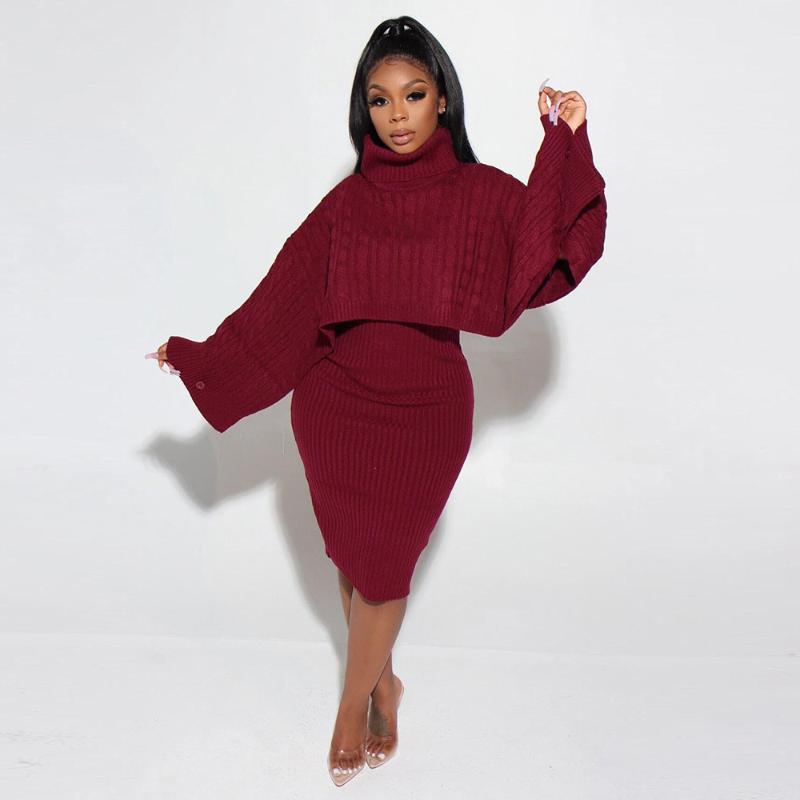

Women Winter Turtleneck Long Sleeve Sweater Dress Fashion Autumn Warm Bodycon Plus Size Midi Knitted Dresses Two Piece Set Lady, Black