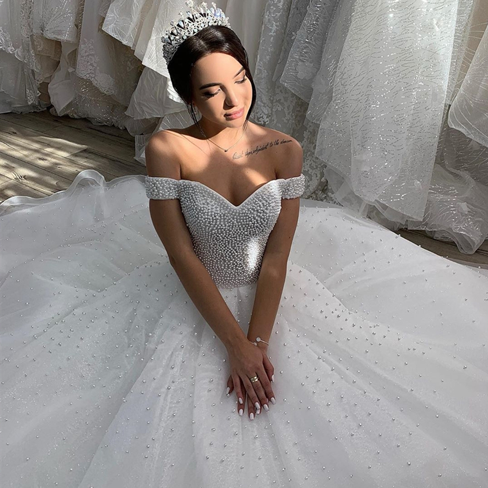 

2021 New Beloved Fashion with Pearls Off the Shoulder Dub for Libyan Women Dressed in Elegant Muslim Wedding Dress JB8I, White