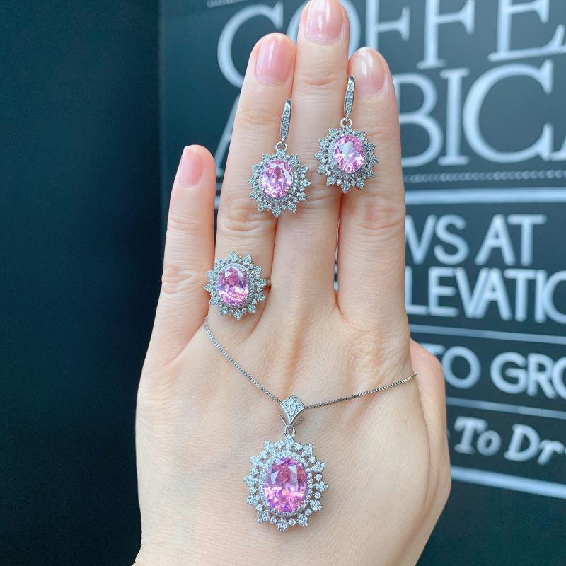 

Earrings & Necklace 2022 925 Sterling Silver Pink Crystal Three Piece Suit Ear Studs Wedding Party Jewelry Retro Fashion For Women