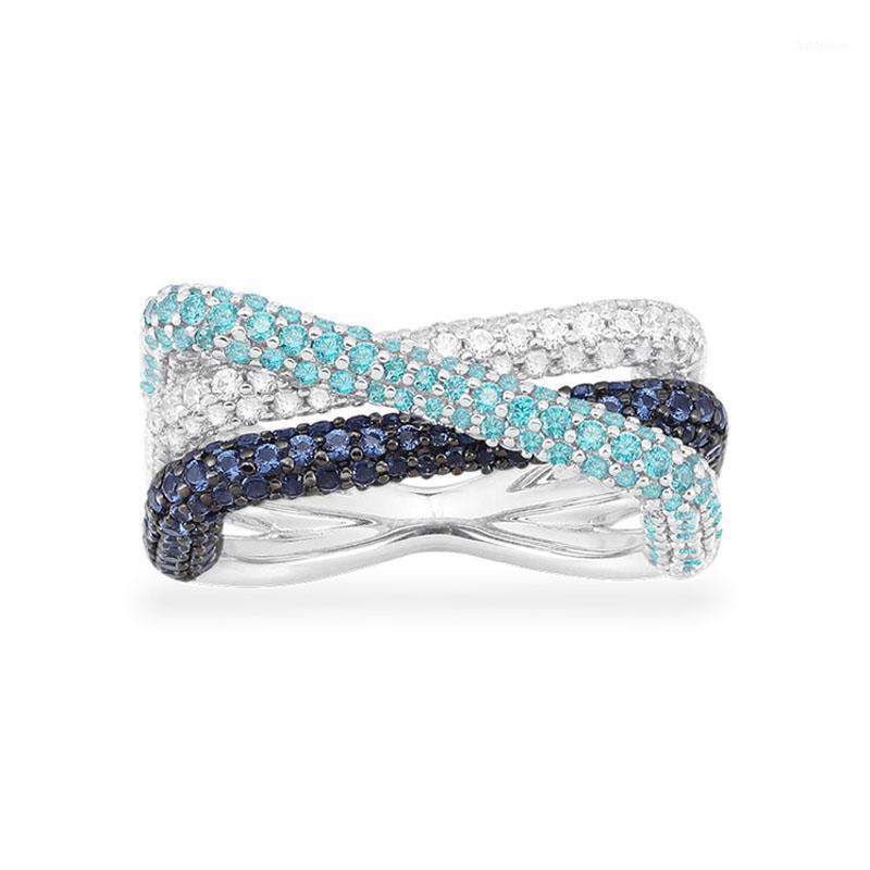 

SLJELY Fashion Real 925 Sterling Silver Navy Blue and Lagoon Crossed Rectangle Geometric Finger Ring Women Jewelry1