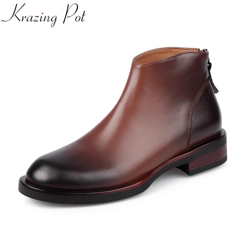 

Krazing pot high quality genuine leather round toe mixed colors winter shoes mature office lady work classics ankle boots L50, Black