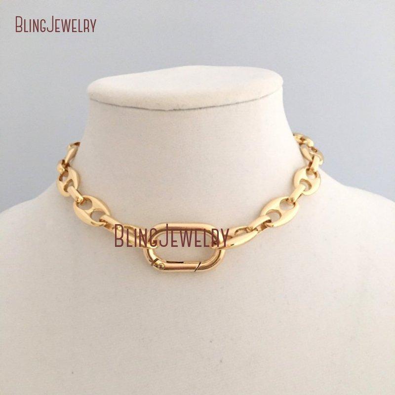 

NM35970 Gold Chunky Large Link Chain Necklace Carabiner Spring Lock Clasp Puffed Mariner Link Designer Inspired
