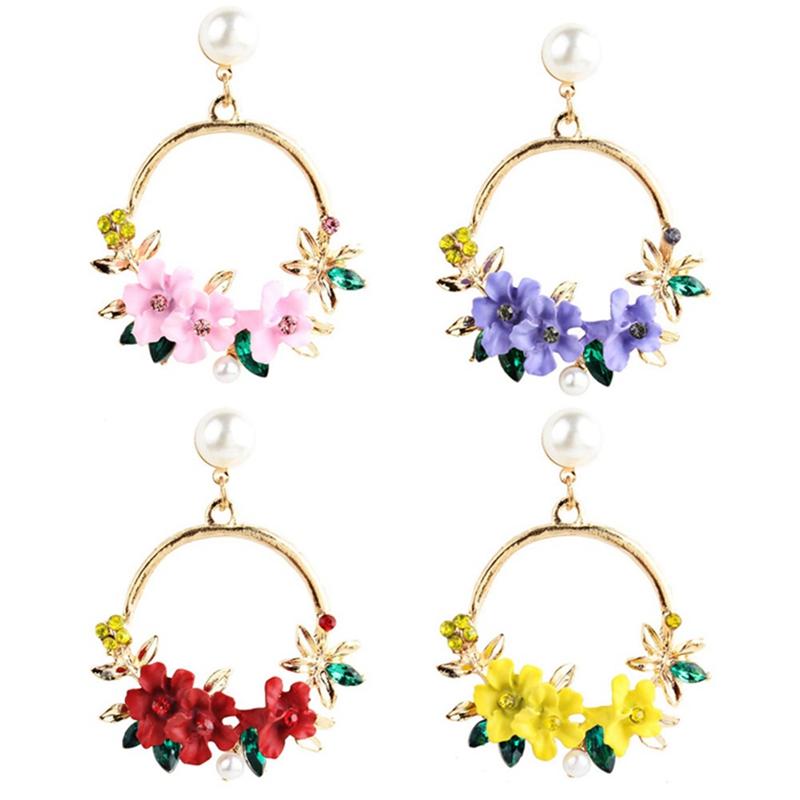 

Hoop & Huggie Korea Polymer Clay Cherry Blossom Flower Big Circle Earrings Rhinestone Trim Pearl For Women Party Gift