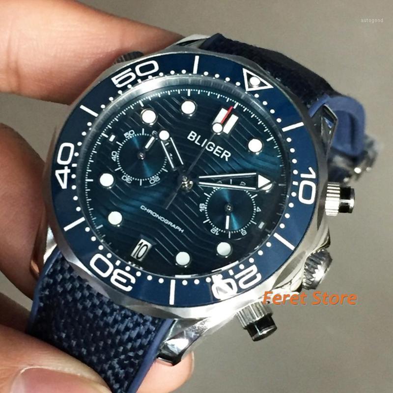 

Wristwatches Bliger 41mm Silver Case Sapphire Crystal Ceramic Bezel Blue Dial Date Rubber Strap Chronograph Quartz Mens Top Luxury Watch1, Style-2