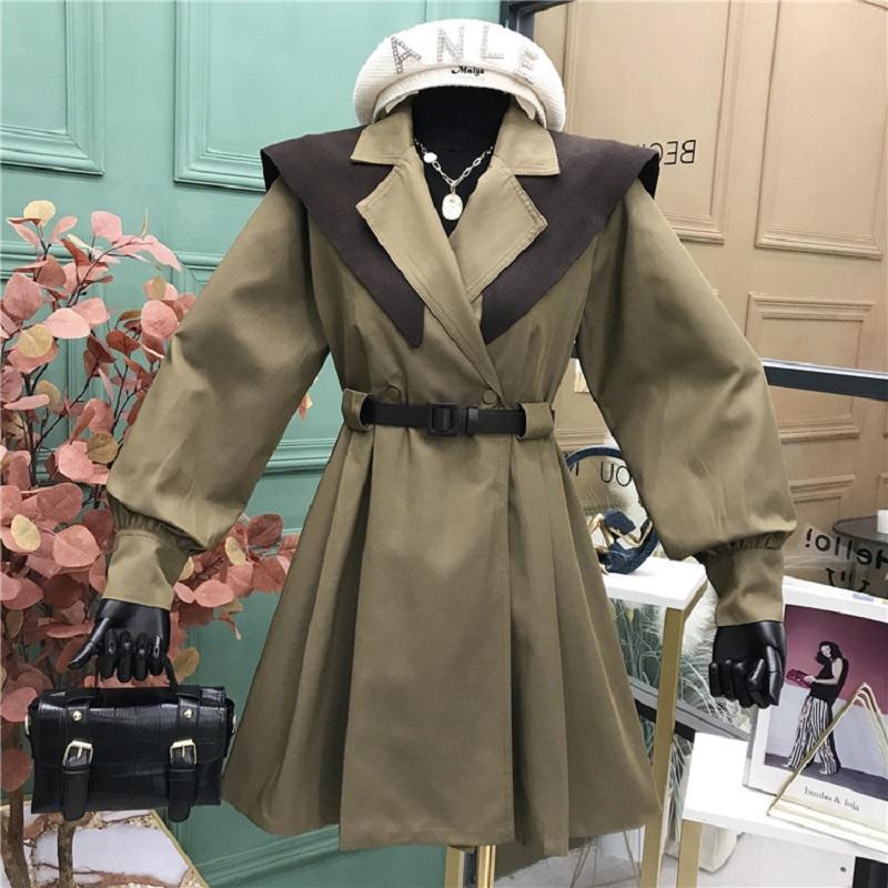 

Autumn Winter Women Vintage Trench Coat Chic Patchwork Turn-down Collar Drawstring Slim Waist Tops Double Breasted Lady Jackets, Gray