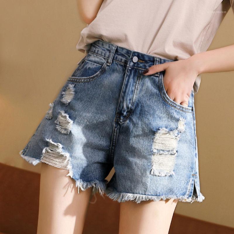 

Ladies New Summer Denim Shorts Fashion Grind White Washed Ripped Hole Women's High Waist Blue Black Jean Shorts Wide Leg Preppy1, 601 blue