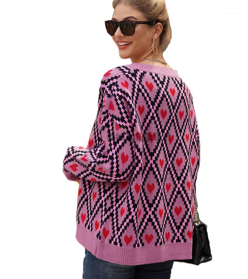 

Heart Print Ladies Knitted Cardigan Female Casual Single Breasted Jumper Autumn Winter V-Neck Oversized Women Sweater Tops1, Purple