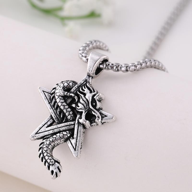 

Lemegeton Vintage Men's Necklace Star Dragon Amulet Pendant Necklace Stainless Steel Chain Jewelry Accessories
