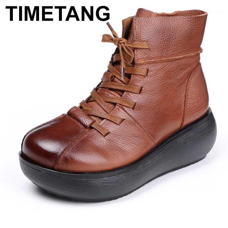 

TIMETANG New genuine leather ankle boots women snow lace-up flat boots winter warm plush waterproof female platform shoes1, Without plush black