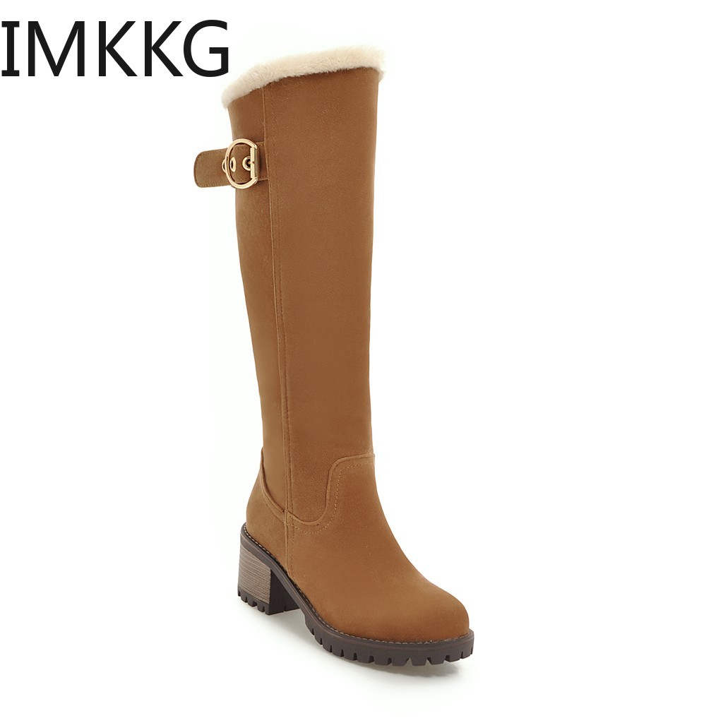 

Women Boots Female Winter Knee High Boots Woman Fur Warm Snow Fashion Buckle Square Heels Black, Gray