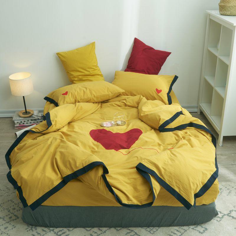 

Yellow White King Queen  size Bedding Set Heart Bed set Soft Bed Sheet Duvet Cover Fitted sheet Pillowcase parure de lit1, Bedding set 1
