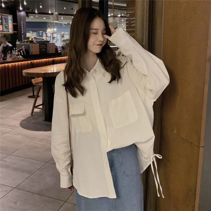 

2021 New 2-color spring blouses loosened Korean style long pocket sunscreen up women's shirt (cx8099) LKTT, White
