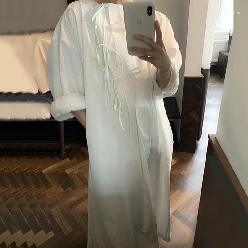 

SuperAen Solid Retro Square Bow Tie Loose Long Dress for Women1, White