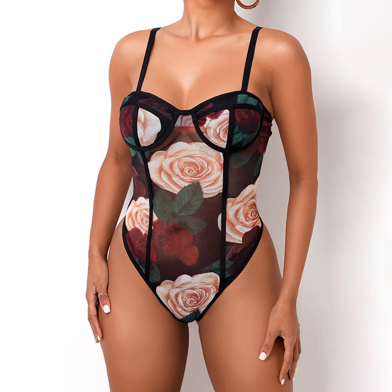 

Women Sexy Mesh Print Jumpsuits Bodycon Lady Bodysuit Jumpsuit Sleeveless Transparent Body Tops Elegant Woman Rompers, Suspender jumpsuit