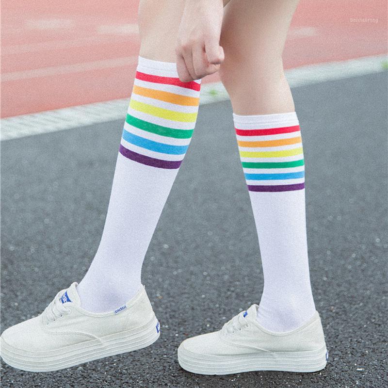 

long socks womens summer Thigh High Socks Over Knee Rainbow Stripe Girls Sport Black White kids girl A751