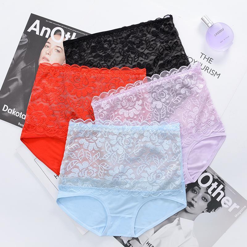 

4Pcs High Waist Sexy lace Women's Panties Seamless Cotton Briefs ladies transparent Underwear Shaper Breathable Female Lingerie1, Beige