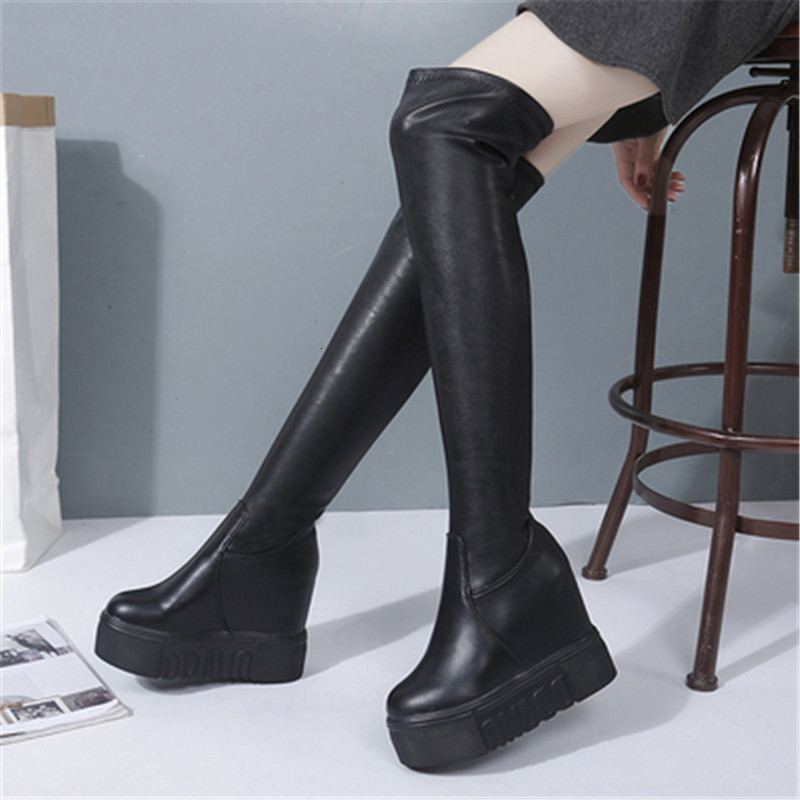 

Fashioned 2021 New Leather Woman on Her Knee High-foot Round-toe Women's Shoes Autumn Boots 04EB, Black