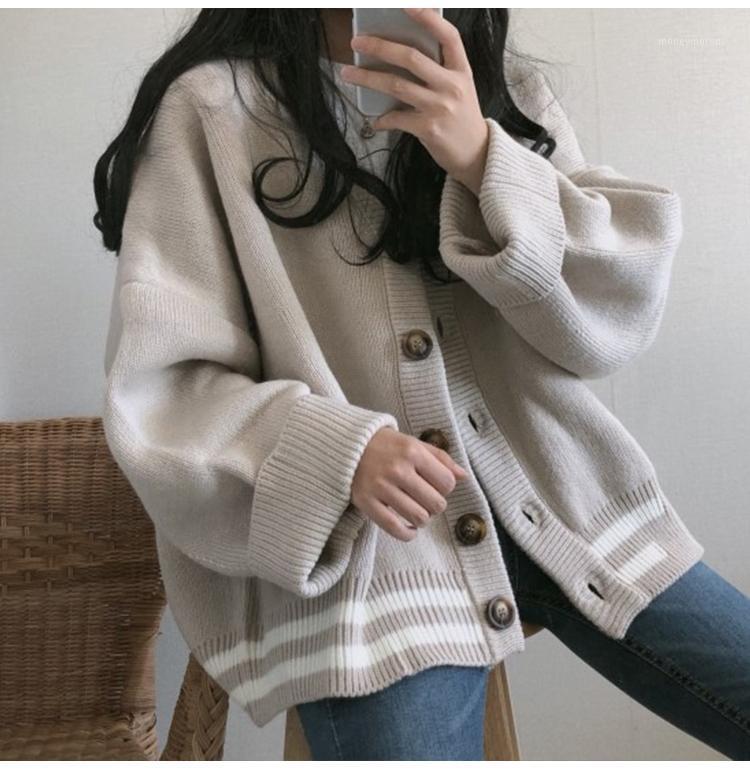 

JXMYY Sen knit cardigan jacket Hong Kong style sweater women autumn and winter wear all-match Korean style loose lazy retro1, Beige