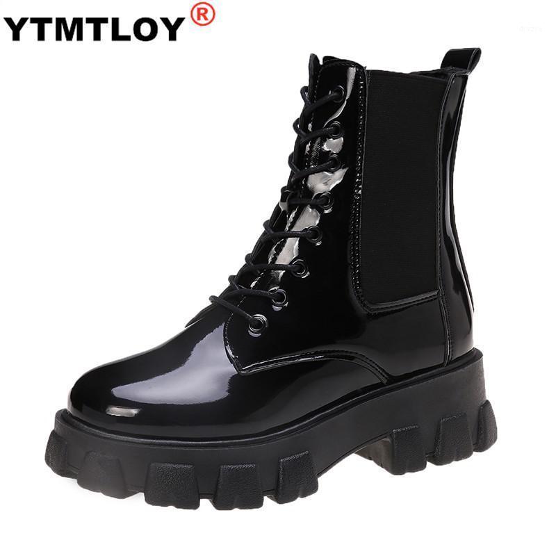 

Women Boots Patent Leather Ankle Shoes Winter Autumn Thick Bottom Platform Lace up Ladies Woman New Shoe Female High Heels1, Black patent leather