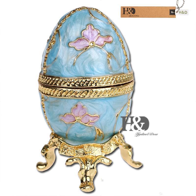 

H&D Hinged Jewelry Trinket Box Hand Painted Bejeweled Boxes Blue Egg Shaped Ring Holder Collectives Home Wedding Decoration1