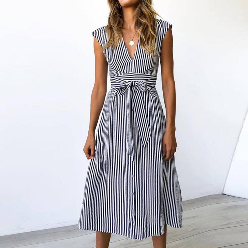

Summer Solid Color Striped Women V Neck Sleeveless Classic Striped Belted Buttons Midi Dress Summer 2020 Casual Dress, Green
