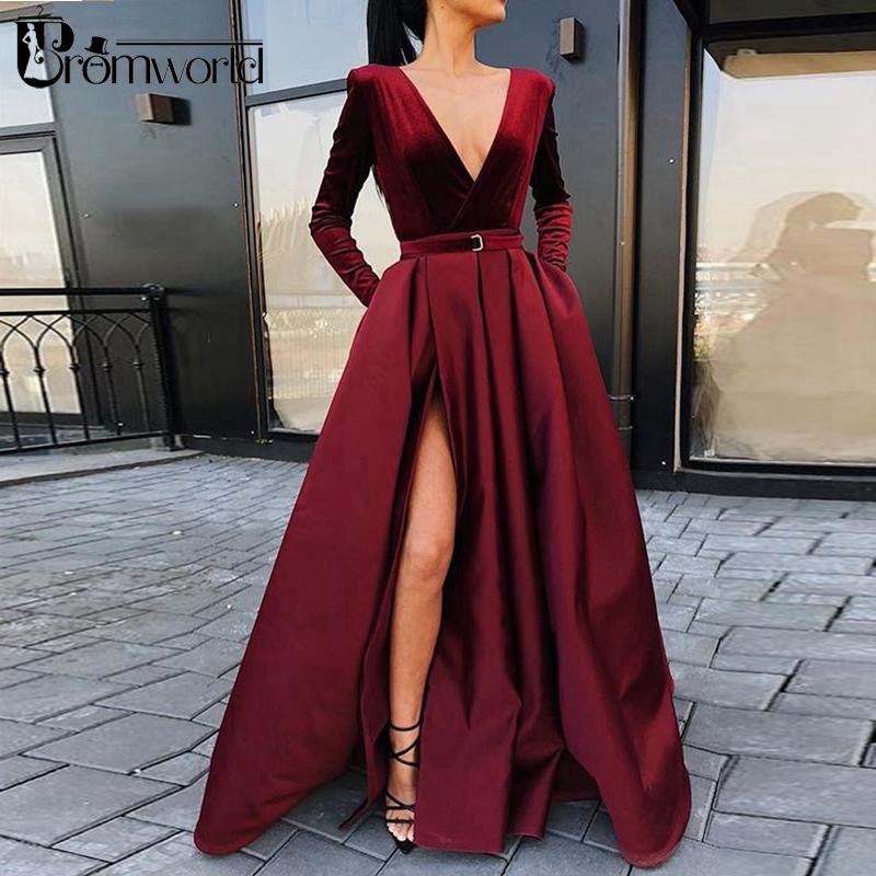 

Burgundy Muslim Evening Dresses 2021 V-Neck Velour Satin Formal Dress With Pockets High Slit Elegant Long Sleeve Evening Gowns, Beige