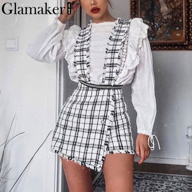 

Glamaker Fringe strap tweed skort culottes high waist skirt mini black skirt women bottoms Sexy party club a line skirt female Y200326