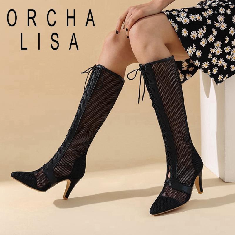 

ORCHA LISA Ladies Knee Boots 2021 Pointed Toe 8.5cm Spike Heels Lace-Up Sexy Mesh INS Breathable Big Size 32-47 Summer C22311, Black