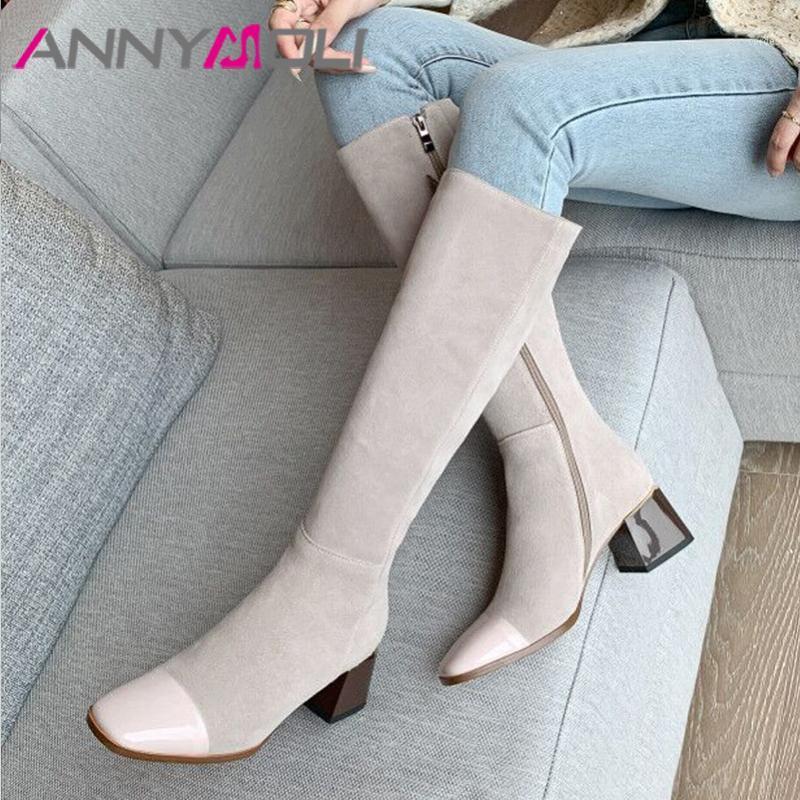 

ANNYMOLI Cow Suede Real Leather High Heel Slim Long Boots Women Shoes Zip Square Toe Block Heels Knee High Boots Khaki Size 401, Black synthetic lin