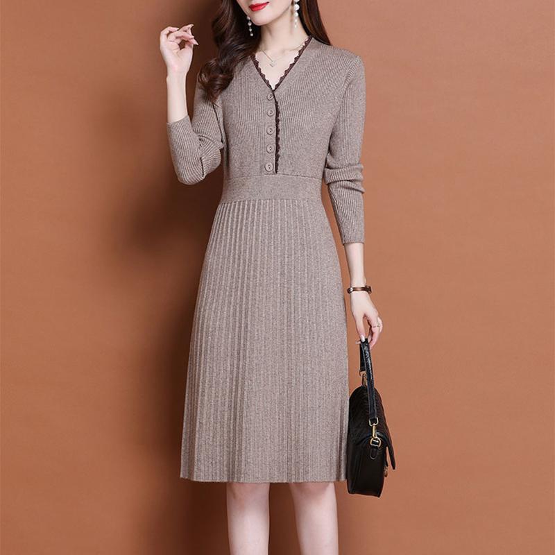 

Knitted Long Sleeve Dress Women 2020 Slim Bodycon Autumn Korean Elegant Fall Winter Button V Neck Sweater Midi Pleated Dress 130, Coffee