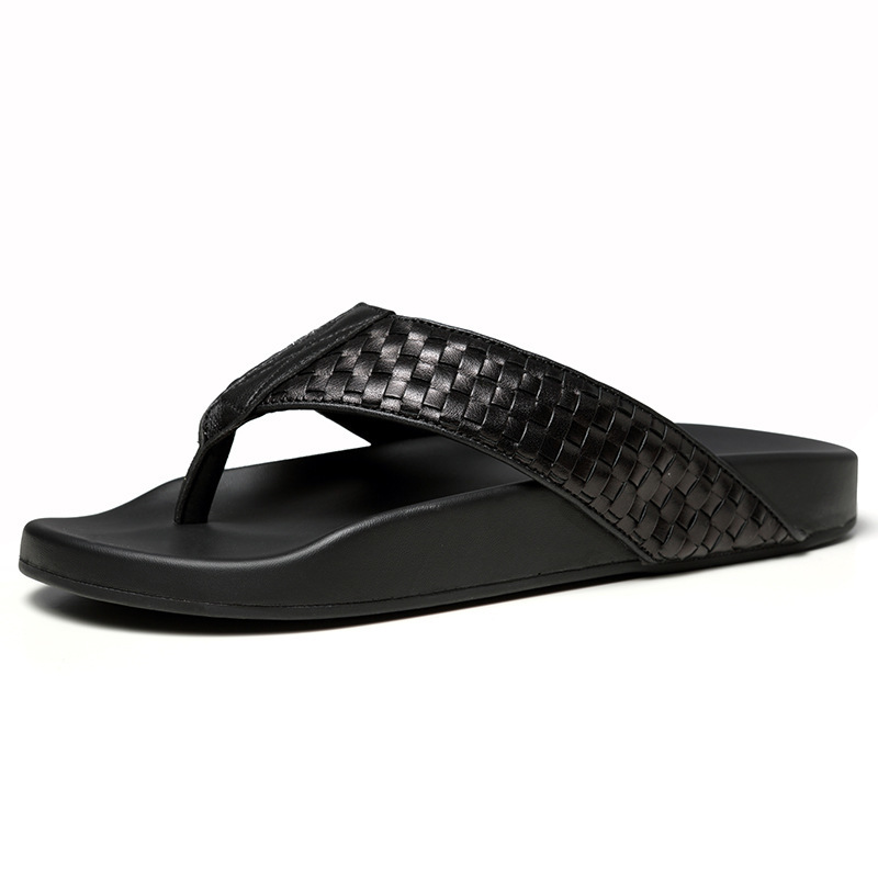 

Genuine Leather for Men Flip Flops High Quality Soft and Comfortable Beach Summer Weave Men's Shoes Branded Slippers Ai3y, Black