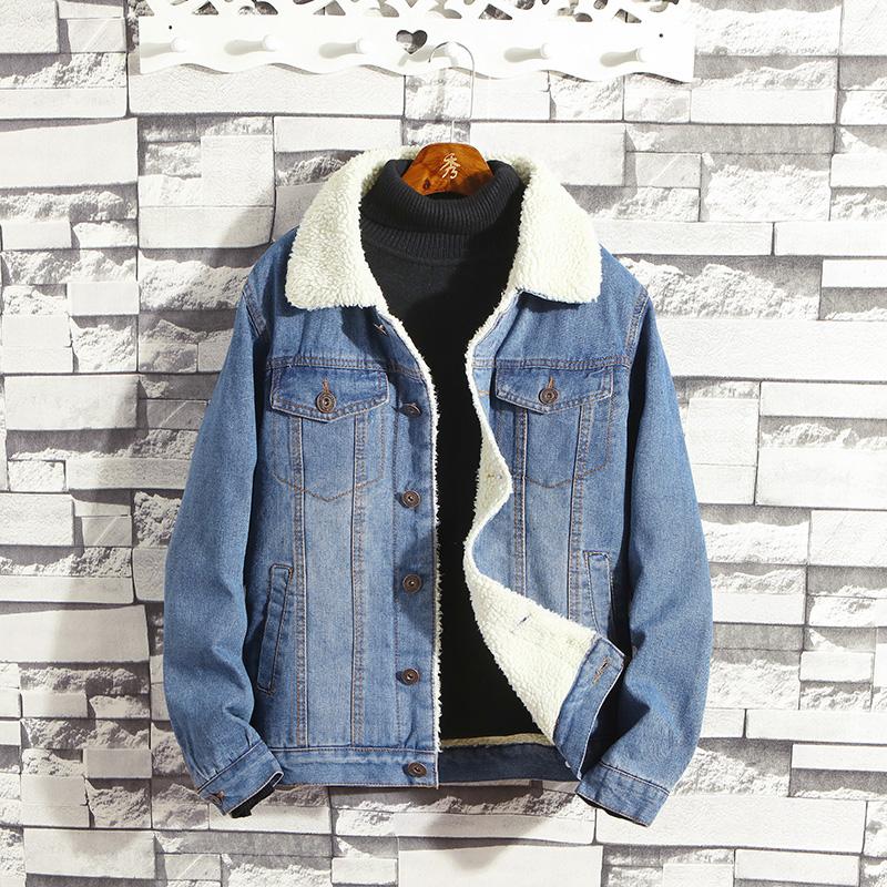 

2020 Autum Winter Thickened Denim Jacket Men Cowboy Fleece Coats Light/Dark Blue Casual Denim Turn-down Cotton Collar For Man, Black