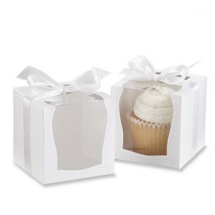 

Wholesale- Gift Box Paper Craft 9*9*9cm Single Cupcake Boxes With Insert and Ribbon Bow Wedding Supplies 12pcs1