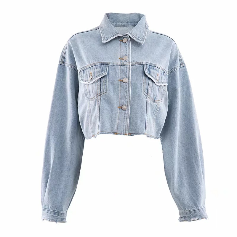

2021 New Women's jean jackets spring and autumn retro-washed lapel old sleeve short casual jacket A0NN, Wathet