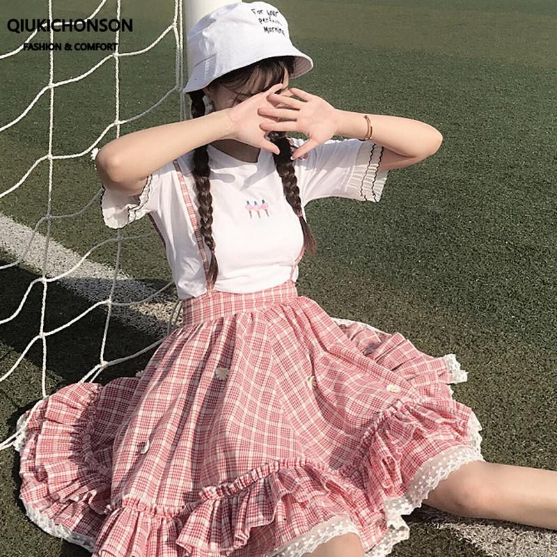 

Kawaii Lolita Skirt Japanese Soft Girl Teenage Students Jumpsuit Daisy Appliques Lace Patchwork Ruffle Plaid Suspender Skirts, White petticoat