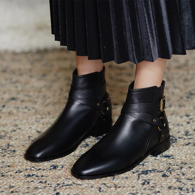 

EshtonShero ankle boots women shoes 2021 Winter Low Heel leather Female Square Toe women booties Zipper boots Size 3-9, Black