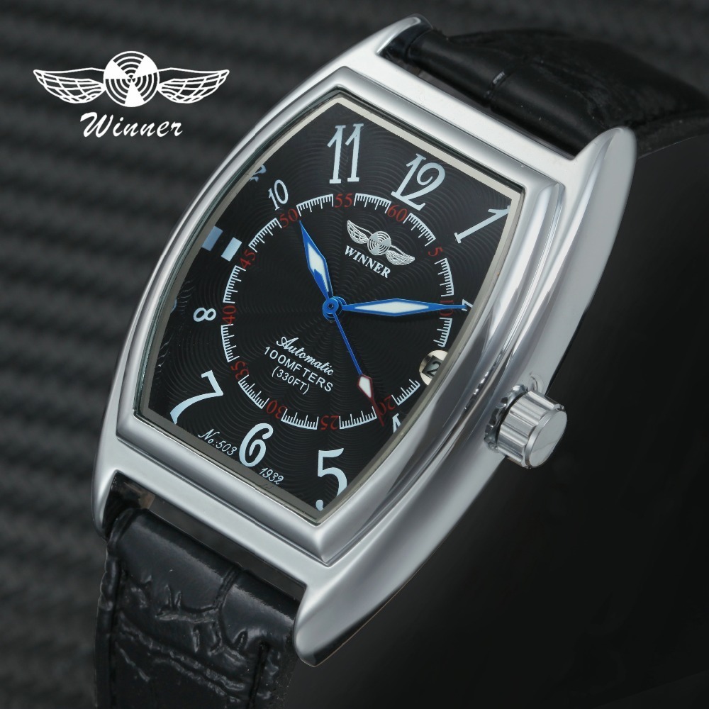 

WINNER Fashion Women Auto Mechanical Wristwatch Tonneau Case Arabic Number Calendar Clock Top Brand Luxury Leather Ladies Watch 201123, Black