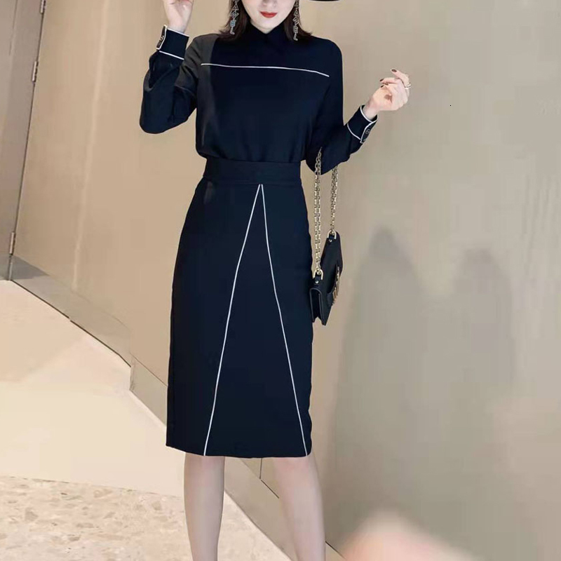 

2021 Black Shirt Sew Contrast Single-breasted Long Sleeves Thin Sexy Hip Bag Feminine Tender Skirt Two New Parts Suit Wfwz